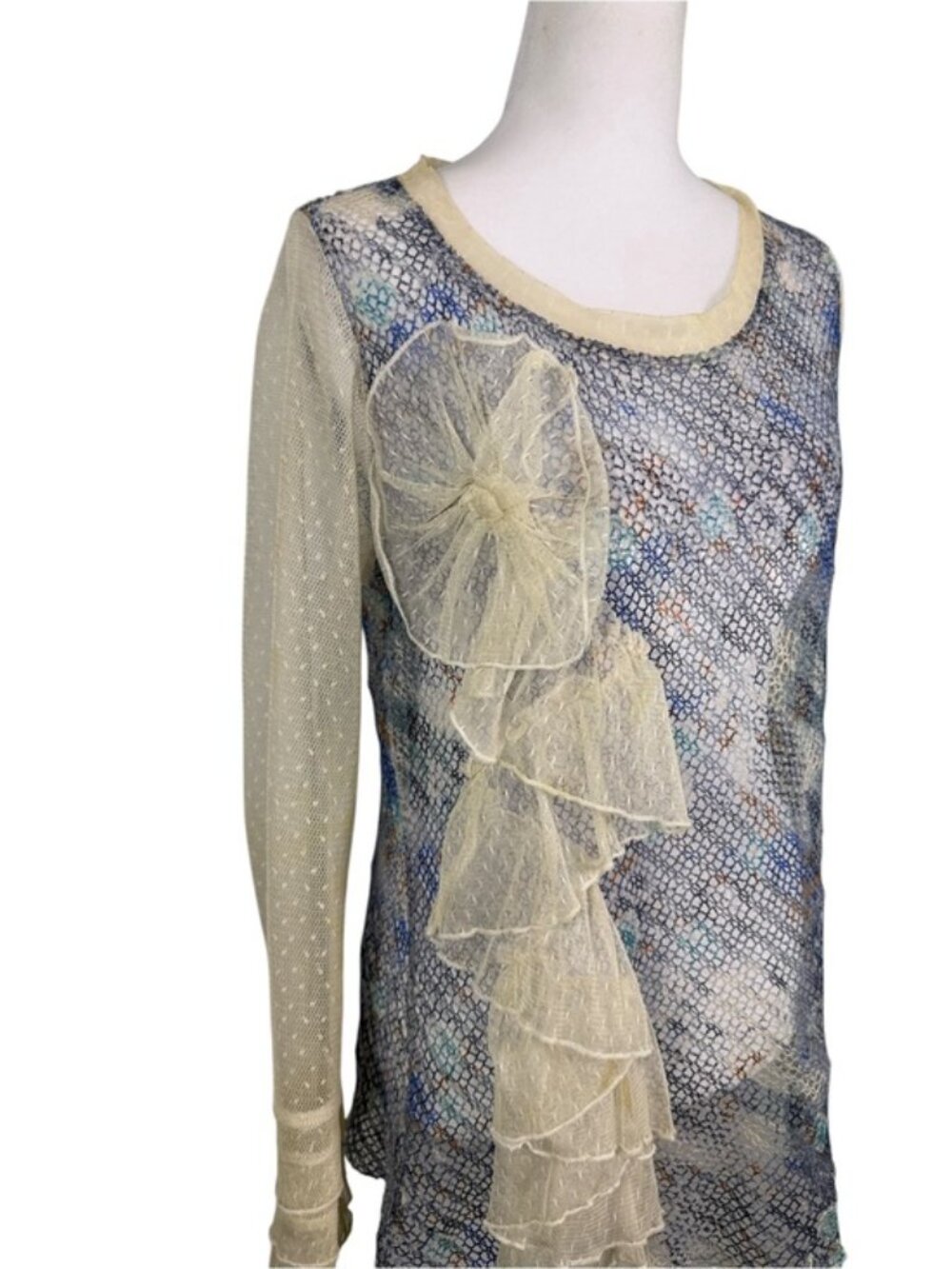 Farinelli Blue Ivory Mesh Ruffle Tunic Top L Boho Lagenlook Artwear - Picture 3 of 11